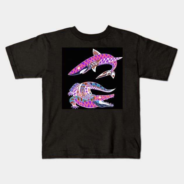 the kingdom of the beast, the shark and the alligator crocodile art Kids T-Shirt by jorge_lebeau